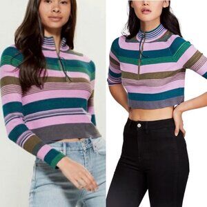 NWT Free People Rip Tide Mock Neck Jumper Teal Purple Size Medium Ribbed Boho M‎